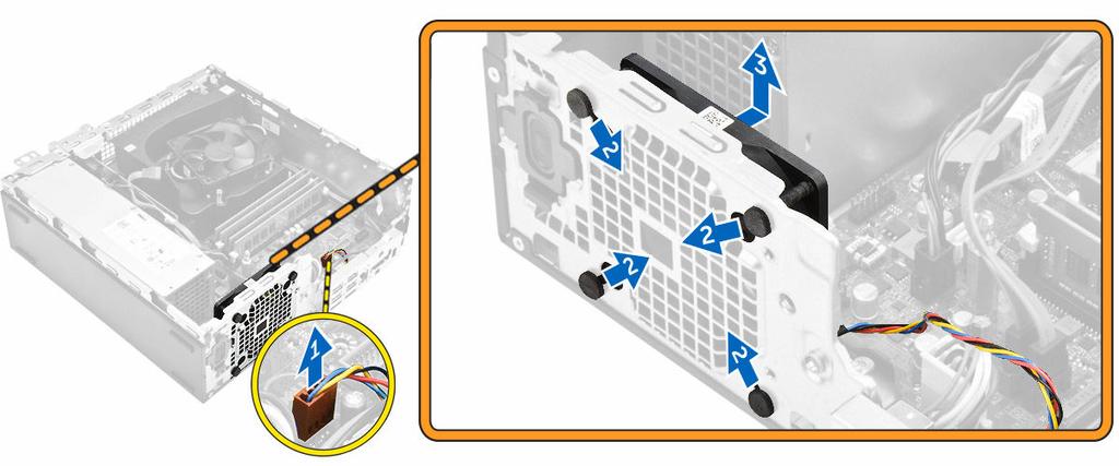 Installera systemfläkten 1. Placera systemfläkten i datorn. 2. Skjut in fästhuvudena genom chassit och skjut dem utåt längs spåret så att den hålls på plats. 3.