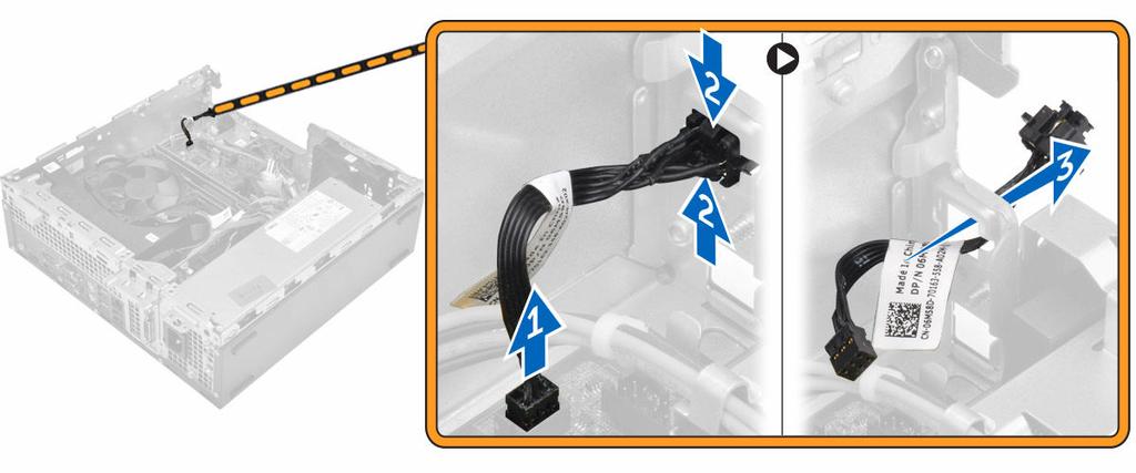 Installera strömbrytaren 1. Skjut in strömbrytarmodulen i kortplatsen på chassits tills den klickar på plats. 2. Anslut strömbrytarkabeln till kontakten på moderkortet. 3. Installera: a.