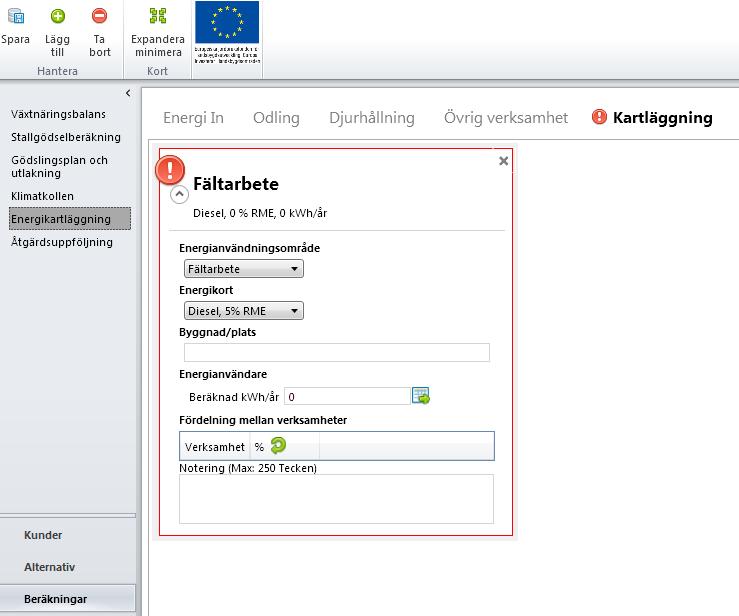 III. Lägg till ett nytt produktkort (knappen Lägg till ) på fliken Energi In, och välj Diesel (t ex Diesel, 0% RME) ur Produktgrupp Drivmedel. Fyll i Mängd, t ex 10 000 liter. Spara IV.