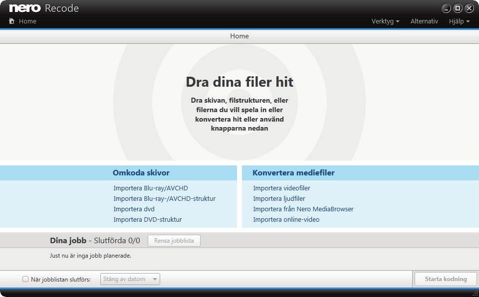 Startfönstret 2 Startfönstret Huvudskärmen för Nero Recode är din startpunkt, där du får en översikt över alla pågående och schemalagda jobb.