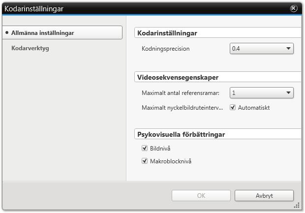 Fönstret Redigera profil Kodarinställningar 6.2.1 Fliken Allmänna inställningar Du kan ändra de allmänna kodarinställningarna i fönstret Allmänna inställningar i fönstret Kodarinställningar.