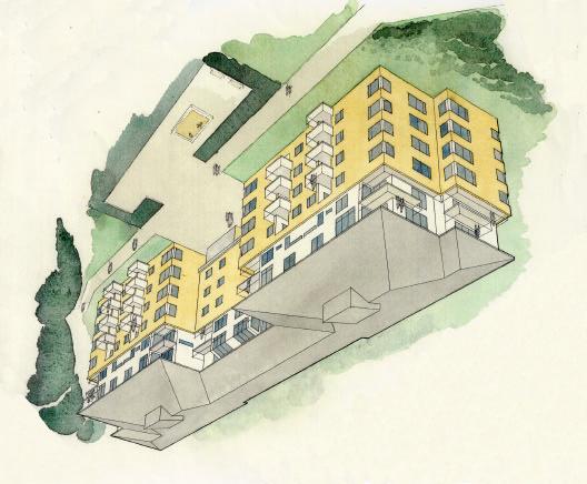 6/10 Bebyggelse Stadsbild De fyra bostadshus som kan byggas på ligger i en grupp för sig själva väl avgränsade av parken mitt i området. Husen ges en ny och annan karaktär genom påbyggnaden.
