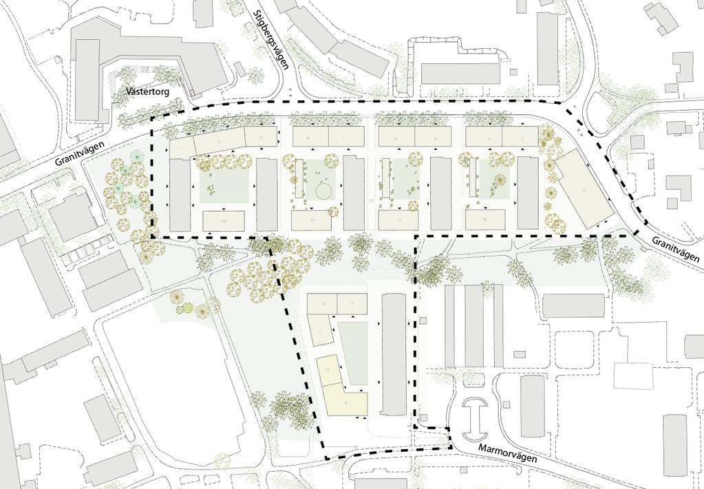 Illustration som visar föreslagen ny bebyggelse (gulmarkerad) och befintlig