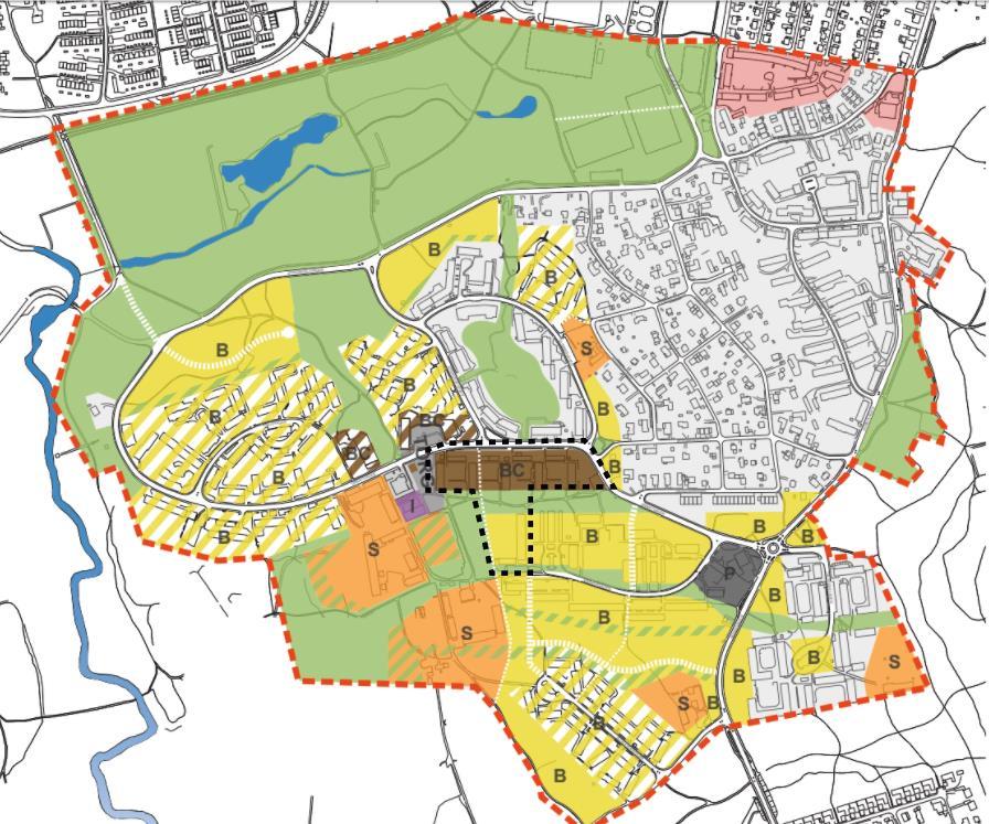 Planprogrammets markanvändningskarta pekar ut det föreslagna planområdet som lämpligt för nya kvarter och större kompletteringar med i huvudsak bostäder och centrumverksamhet.