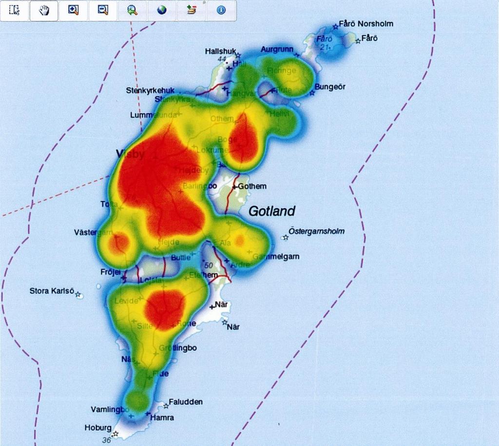 Geografisk placering ( heatmap ) För att få en bild av vart olyckorna händer har verktyget Heatmap i databasen Core använts.