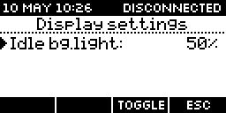3.9. Display settings Under menyn Display settings finns endast ett alternativ. 3.9.1. Idle bg.light Detta alternativ anger hur stark bakgrundsbelysningen skall vara på displayen under normal drift.