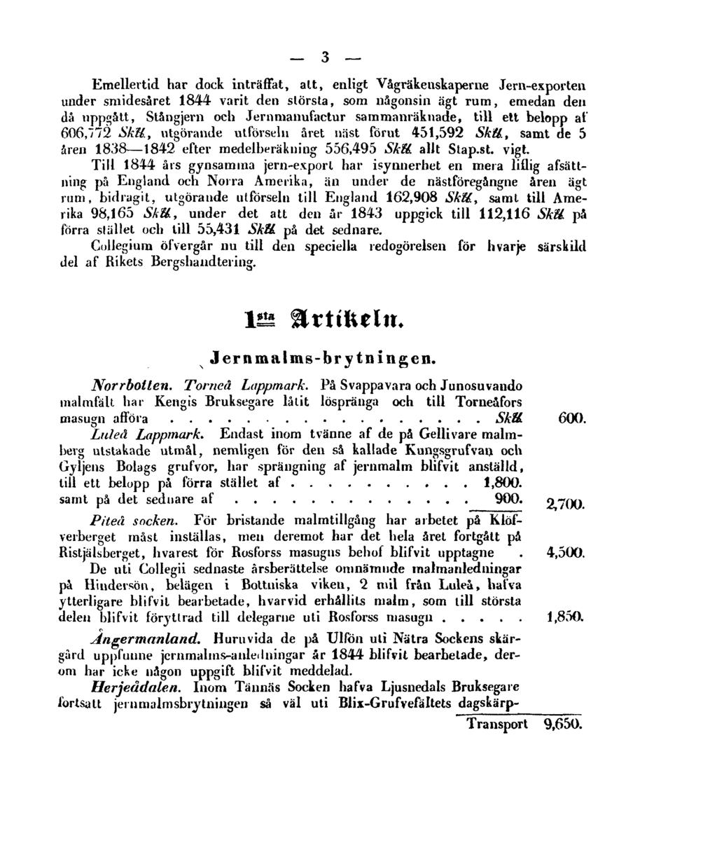 3 Emellertid har dock inträffat, alt, enligt Vågräkeuskaperne Jern-exporten under smidesåret 1844 varit den största, som någonsin ägt rum, emedan den då uppgått, Stångjern och Jernnianufactur