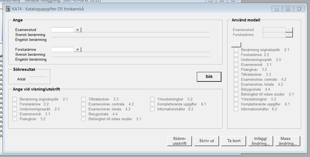 2010-03-25 5 (15) Bilagor: Formulär och hjälptexter [KA74A00G] Funktionshjälp KA74 - Kataloguppgifter DS forskarnivå Senast uppdaterad: 2016-02-04 Allmänt om funktionen I denna funktion kan du lägga