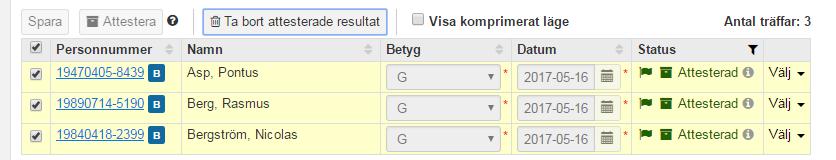 Markera studenterna och klicka på Ta bort attesterade resultat 3.