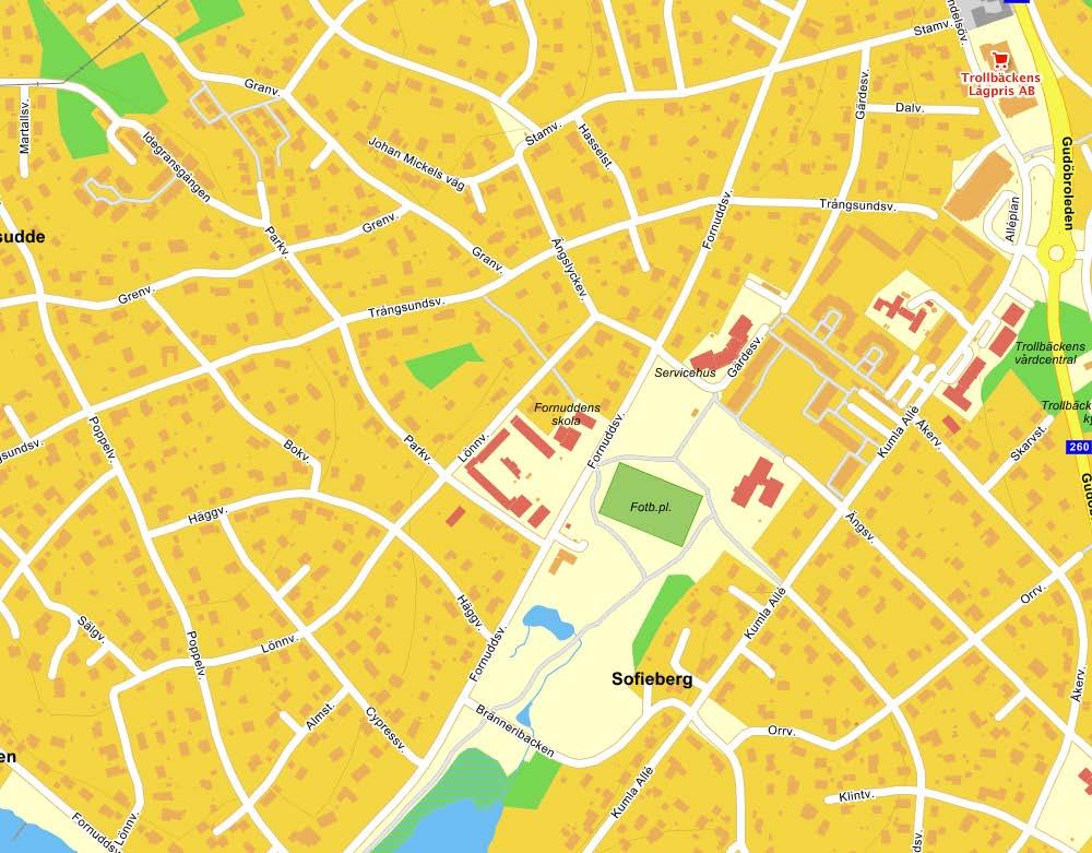 underlätta. Zonen avgränsas i båda ändar av hastighetssäkrade övergångsställen. Dessa övergångsställen är de enda som finns inom skolans närområde. Orienteringskarta, Fornuddens skola. Karta: Eniro.