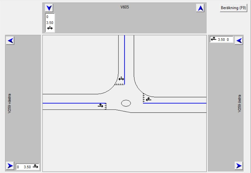 Figur 9: Cirkulationsplats med ett ingående och utgående körfält per ben.
