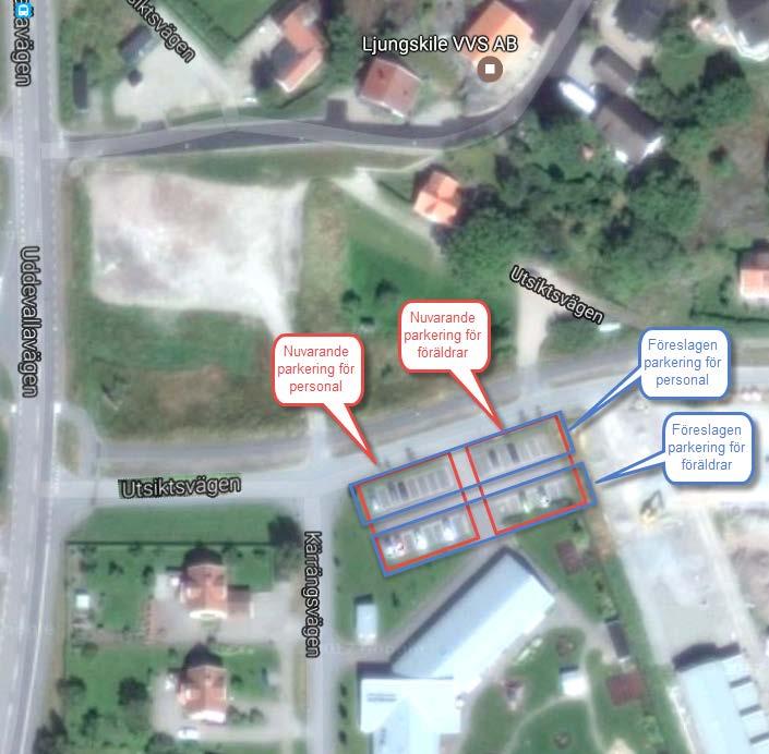 Förslag till förändrade parkeringsplatser på Kärr. I dag parkerar föräldrar på östra halvan av parkeringen och personal på västra halvan.