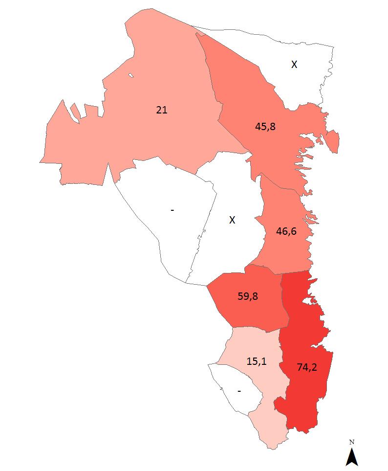 25 5 BOSTÄDER FÖR ALLA Figur 16: antal hemlösa per 10 000 invånare år 2017. X innebär att kommunen har ett så pass lågt antal hemlösa att uppgiften anonymiserats.