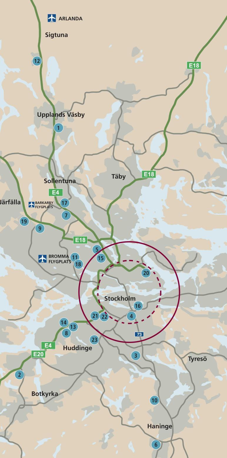 Företagsområden med inriktning mot lager och lätt industri i Stockholm 1 Bredden/InfraCity 2 Eriksberg 3 Farsta 4 Globen/Johanneshov 5 Hagalund 6 Jordbro 7 Kista/Akalla 8 Kungens Kurva 9 Lunda 10