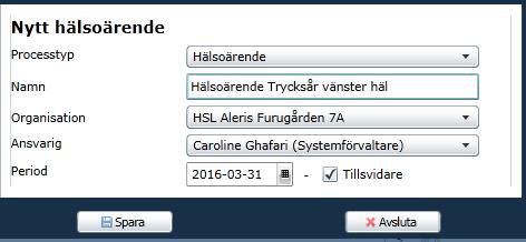 Hälsoärenden däremot skapar man från HSL Grundvy: Lägg till ett hälsoärende genom att markera Inskrivning Hemsjukvården och klicka på Nytt hälsoärende En dialogruta öppnas där samtliga fält är