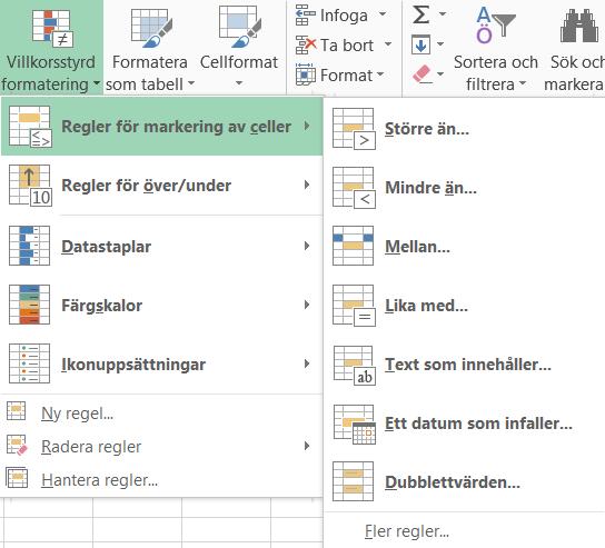 Sida 13 av 44 Villkorsstyrd formatering (Start) Villkorsstyrd formatering hjälper dig att snabbt se skillnader i ett värdeintervall. Välj Villkorsstyrd formatering under fliken Start.