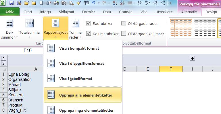 Sida 19 av 44 Pivottabell, Upprepa alla elementartiklar Om du upprepar objekt