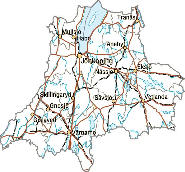 - Bilaga 1 a - Kartöversikt försökskärrens geografiska läge. Länskarta över Jönköpings län.