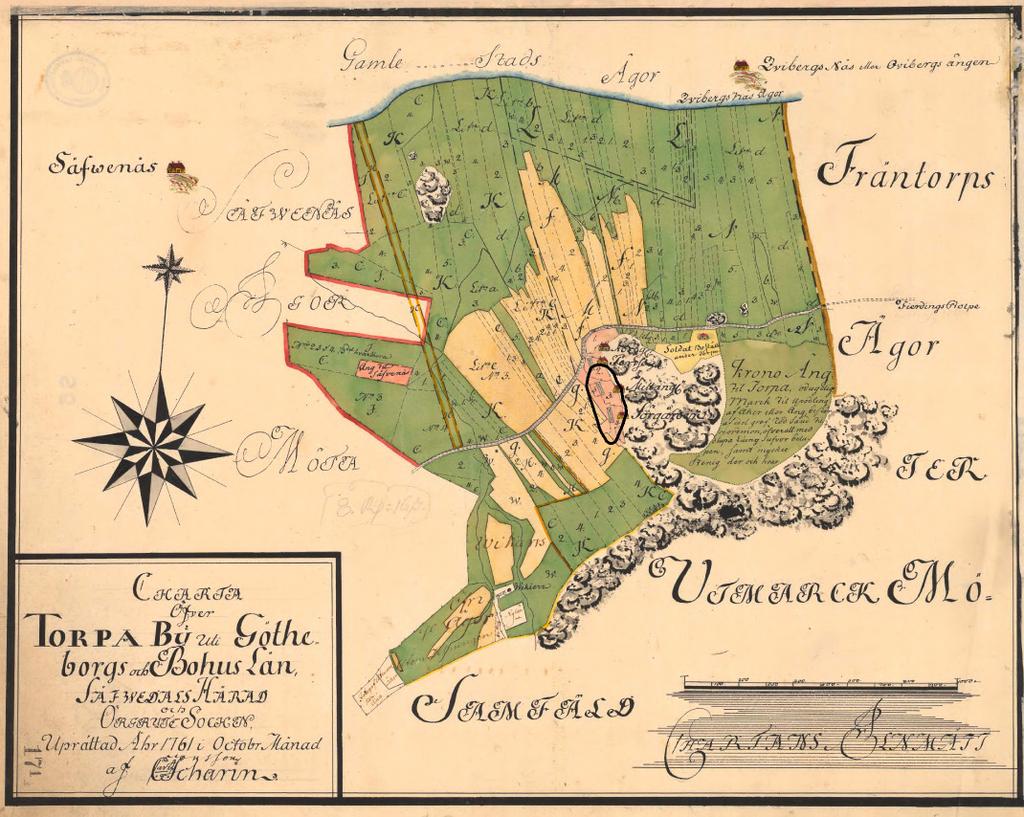 Torpaskolan Fig 4. Karta över laga skifte från 1761 med fornlämningsbegränsningen ungefärligt rektifierat.