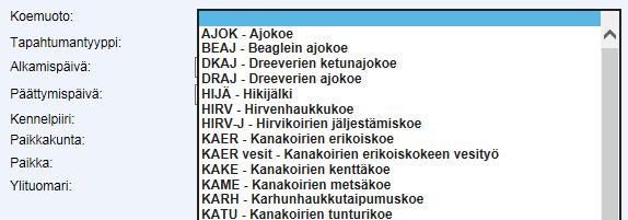 14.10.2016 6(16) Val av provform och evenemangets typ Klasserna och typerna som kommer på basis av den provform man väljer baserar sig på Finska Kennelklubbens uppgifter.