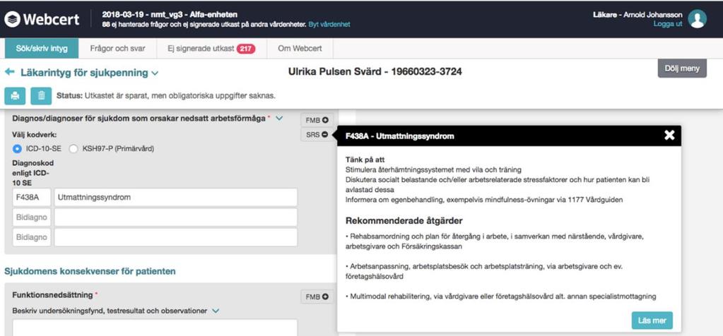 Figur 3 En vy över den nationella statistiken, presenterad i Webcert Kortversionerna av tre råd och tre åtgärder presenteras i
