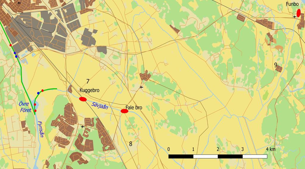 Figur 8. Rörelse över tid hos asp 354 (Tabell 3) från märkningen 19 april 2016 (grön prick) och framåt. Röd prick är pejlingstillfälle där ingen registrering gjordes.