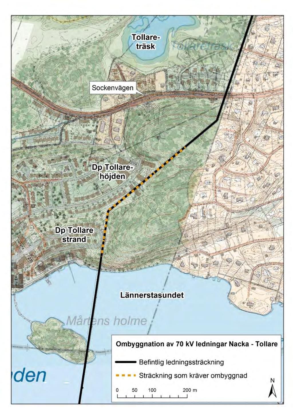 1.2 Projektets omfattning Detta projekt omfattar Vattenfalls ombyggnation av de två befintliga 70 kv luftledningar vid Tollare i Nacka kommun.