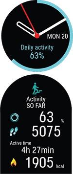 Cirkeln runt klockdisplayen och procentsatsen under tiden och datumet visar din utveckling mot ditt dagliga aktivitetsmål. Cirkeln fylls med ljusblå färg när du är aktiv.