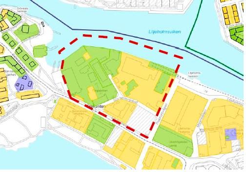 Sida 8 (16) Stadsmuseets klassificeringskarta. Ungefärligt planområde markerat i rött. Bild Stadsbyggnadskontoret.