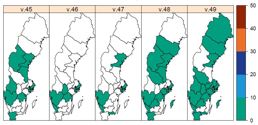 Sida 11 (19) Figur 1C. Andelen laboratorieanalyser positiva för influensa (alla typer) per, denna säsong och tidigare säsonger. Figur 2.