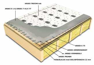20 BJÄLKLAGSFÖRSTYVNING, TRÄBASERADE GOLV ARDEX konstruktion 16 Bjälklagsförstyvning och fuktrörelseblockering av skivkonstruktioner enligt branschnormer med ARDEX K 75. Miljö: Våtrum i boendemiljö.