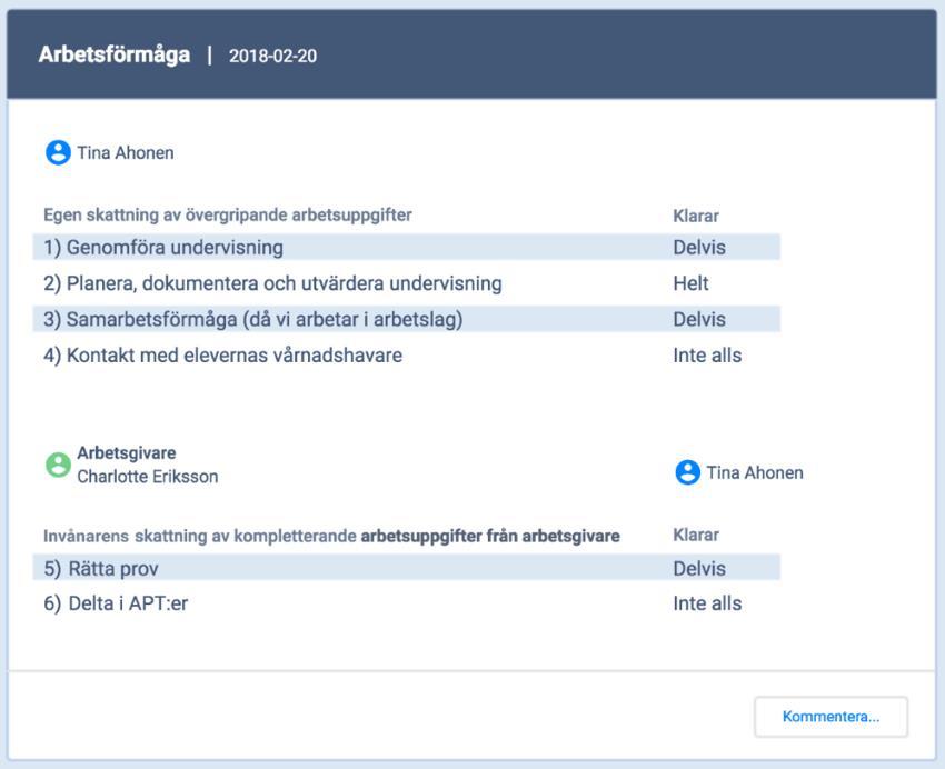 Figur 9: Invånarens arbetsuppgifter beskrivna av invånaren och arbetsgivaren tillsammans med invånarens skattning av arbetsförmåga 4.3.