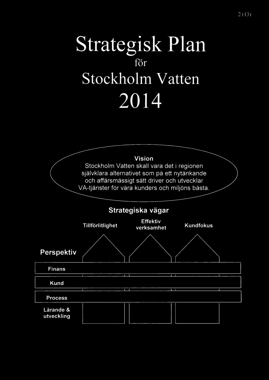 2 (13) StrategiskPlan for StockholmVatten 2014 Vision Stockholm Vatten skall vara det i regionen självklara alternativet som på ett nytänkande och affärsmässigt sätt driver