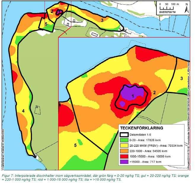 Föroreningssituation Dioxin över KM påträffat i hela det fd sågverksområdet Högst halter(över 700 000 ng/kg) i jord i det fd