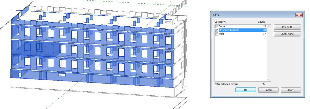 Figur 12. Alla element förutom pelare filtreras enkelt bort vid markering av stora delar av den länkade modellen.