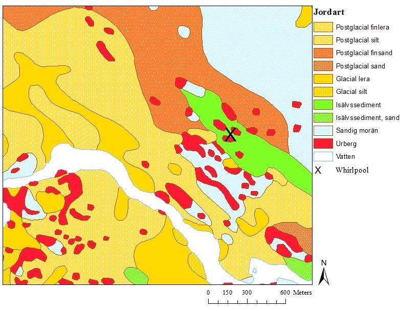 3.2.5 Geologi Jordarter Från Sveriges Geologiska Undersöknings, SGU:s, jordartskarta 1:25 000 100 000 kan jordartssammansättningen i området ses.