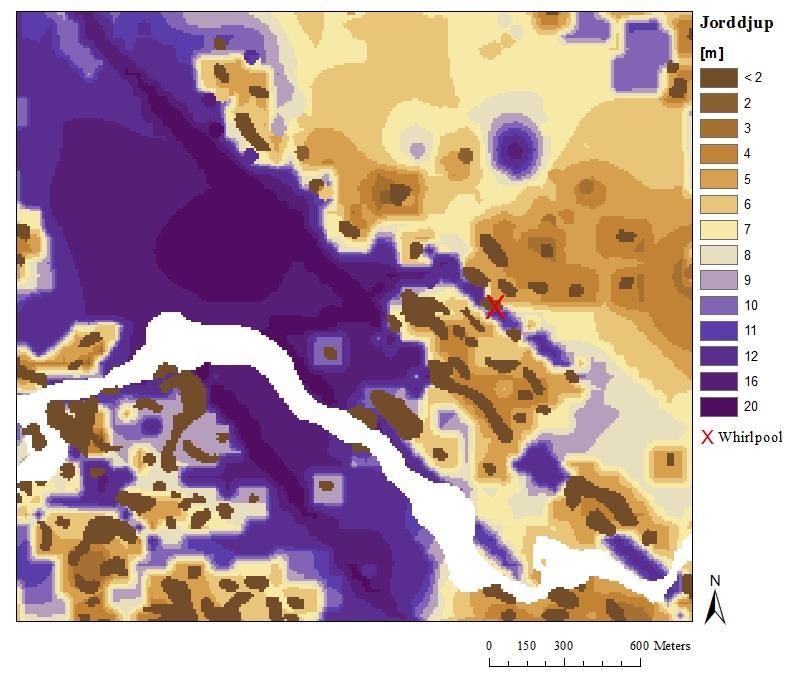 Figur 12 Jorddjup baserad på Sveriges geologiska undersöknings och Lantmäteriets Jorddjupskarta skala 1:50 000.