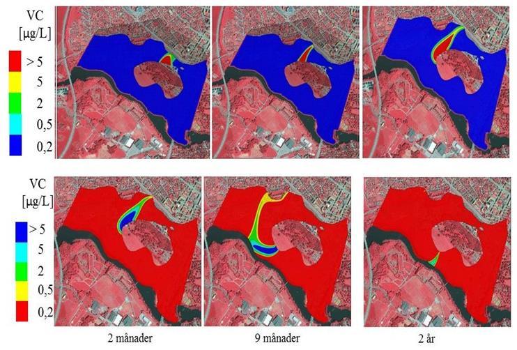Figur 40 Spridning av VC efter två månader, nio månader samt efter två år med underliggande GSD Ortofoto och GSD Ortofoto25. Minimal adsorption och fastläggning ansattes.