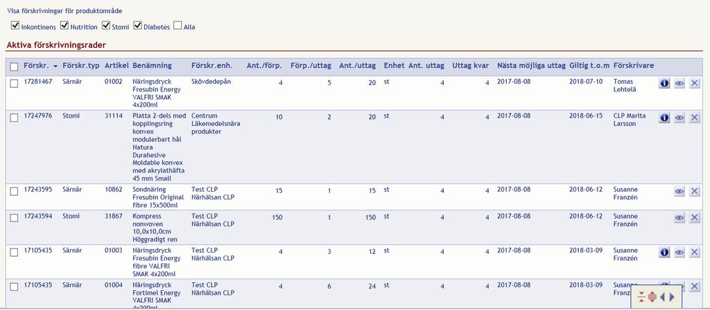 Aktiva förskrivningsrader Under Visa förskrivningar för produktområde visas de områden som du har förskrivningsbehörighet till.