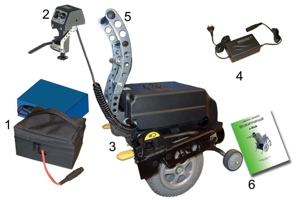 Produkt- och leveransöversikt Leveranskontroll Hjälpmotorn ewalk är färdig att användas när den levereras av återförsäljaren. Detta ingår: Montering av adapter på rullstolen för att fästa ewalk.