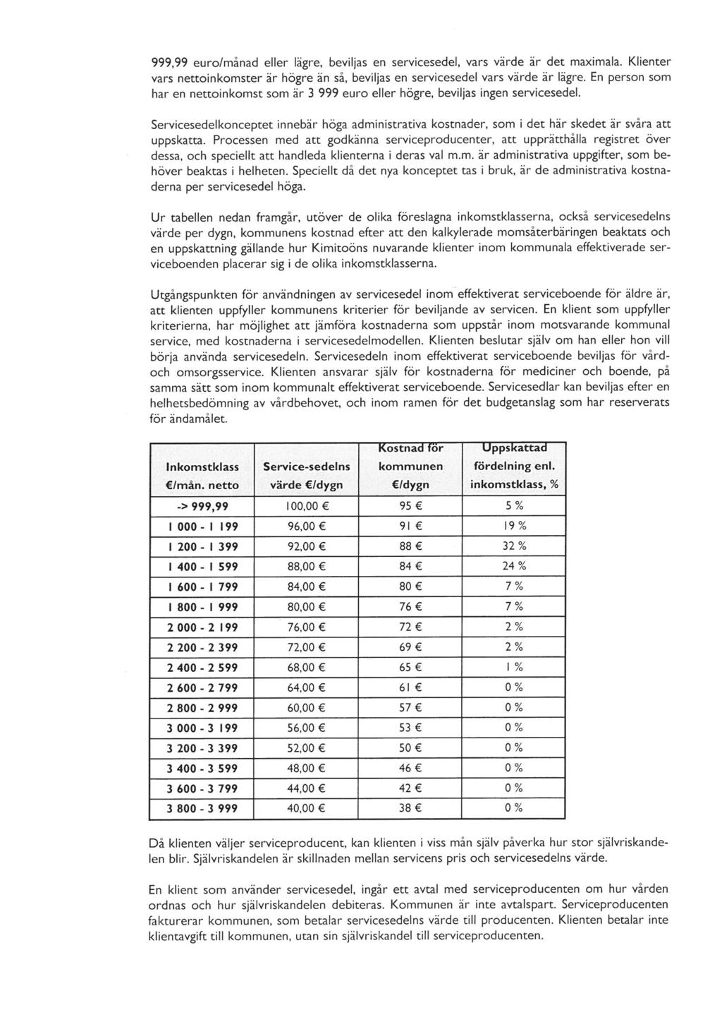 999, 99 euro/månad eller lägre, beviljas en servicesedel, vars värde är det maximala. Klienter vars nettoinkomster är högre än så, beviljas en servicesedel vars värde är lägre.
