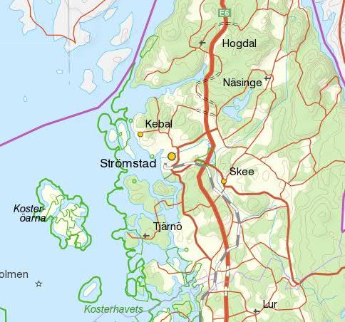 Den naturliga tillfartsvägen är E6 och lokalt väg 176. Järnvägsanslutning till färjeterminalen saknas. Strömstad har färjeförbindelser till Sandefjord i Norge.