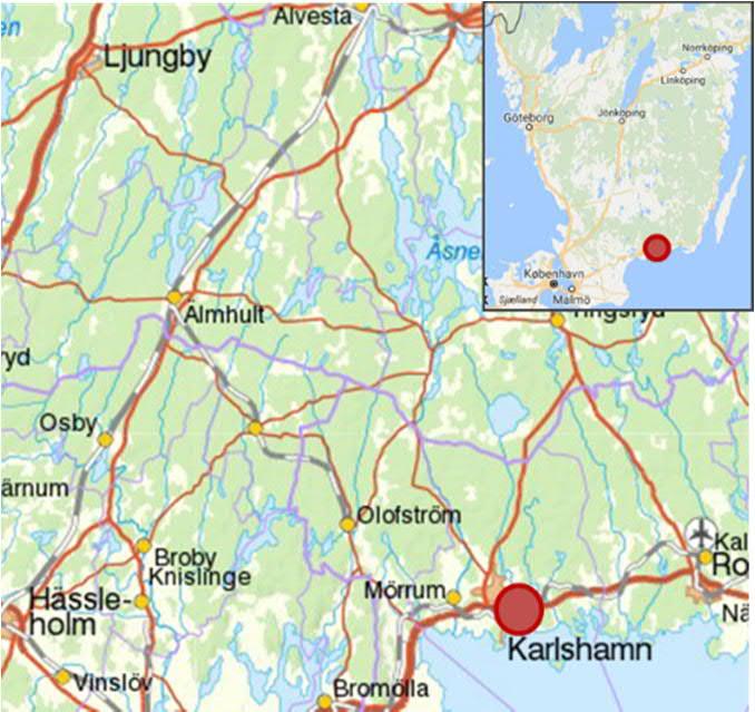 3.10. Karlshamn Karlshamns hamn (se figur 3.10.1) är belägen i centrala Karlshamn och söder om staden, i västra Blekinge. De naturliga tillfartsvägarna är E22 och lokalt väg 15.