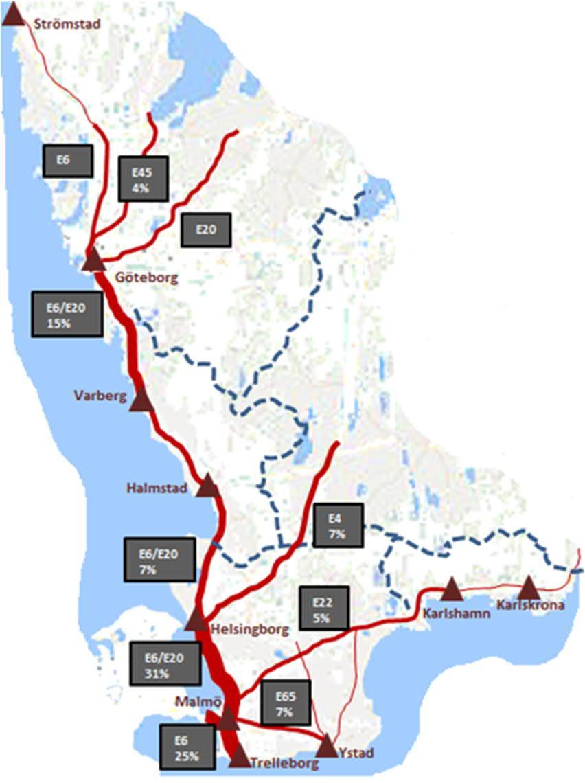 5.1. Körvägar till och från hamnar och Öresundsbron De vägsträckor som används mest vid transporter via de studerade hamnarna är (figur 5.