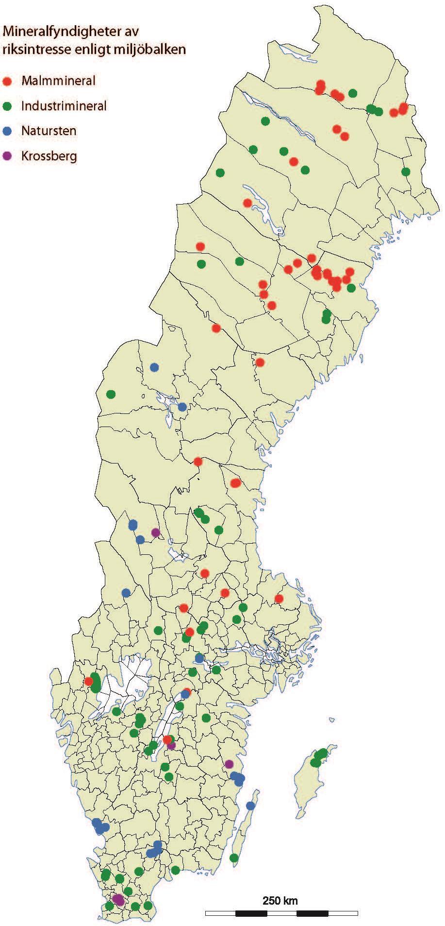SGU 1 utpekar riksintressen för: 1. Malmer 2. Industrimineral 3. Bergmaterial 4. Natursten Totalt 145 st. i dagsläge varav merparten i kategorierna 1 och 2.