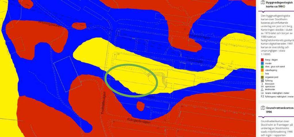 Figur 4. Utdrag ur Byggnadsgeologisk karta (ca 1980). Möjligt läge för magasin markerat med grön ring. Rött är områden som enligt karteringen bedöms vara berg, blått morän och gult lera.