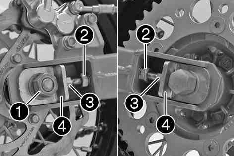 Kedjespänning 5 8 mm Dra åt justerskruvarna på vänster och höger sida jämnt. Kontrollera att bakhjulet och framhjulet ligger i linje och att de är rätt justerade. Dra åt muttrarna.
