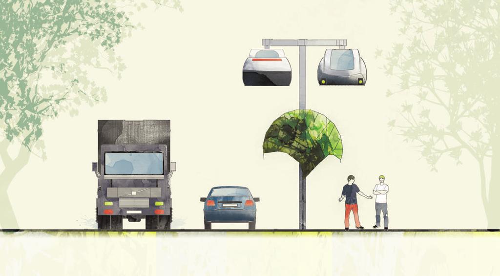 ILLUSTRATION, GATUBILD: Balkbanorna kan integreras i den befintliga miljön på en mängd olika sätt. Vanligast är dock att systemen förläggs i anslutning till bil- och gång/cykelväg.