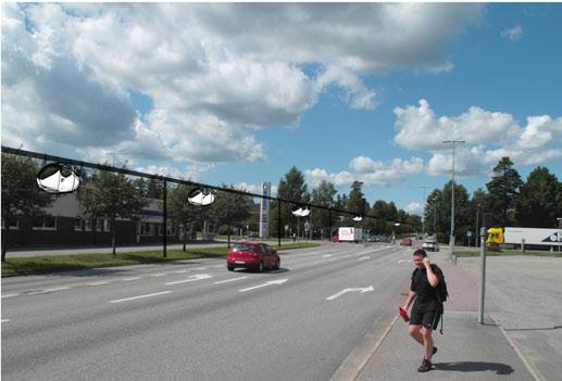 Illustrationen hur systemet kan anordnas i anslutning till Bollmoravägen. Ovan visas principutformning i plan för hur systemen kan utformas.