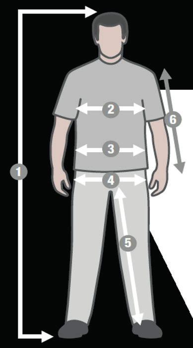 DeLaval måttabell för DeLaval klädsortiment 12:01 1 2 3 4 5 6 Kroppslängd: Utan skor, från ovansidan huvud och ner till fotsulan. Bröstvidd: Under armarna, över det bredaste partiet av bröstet.